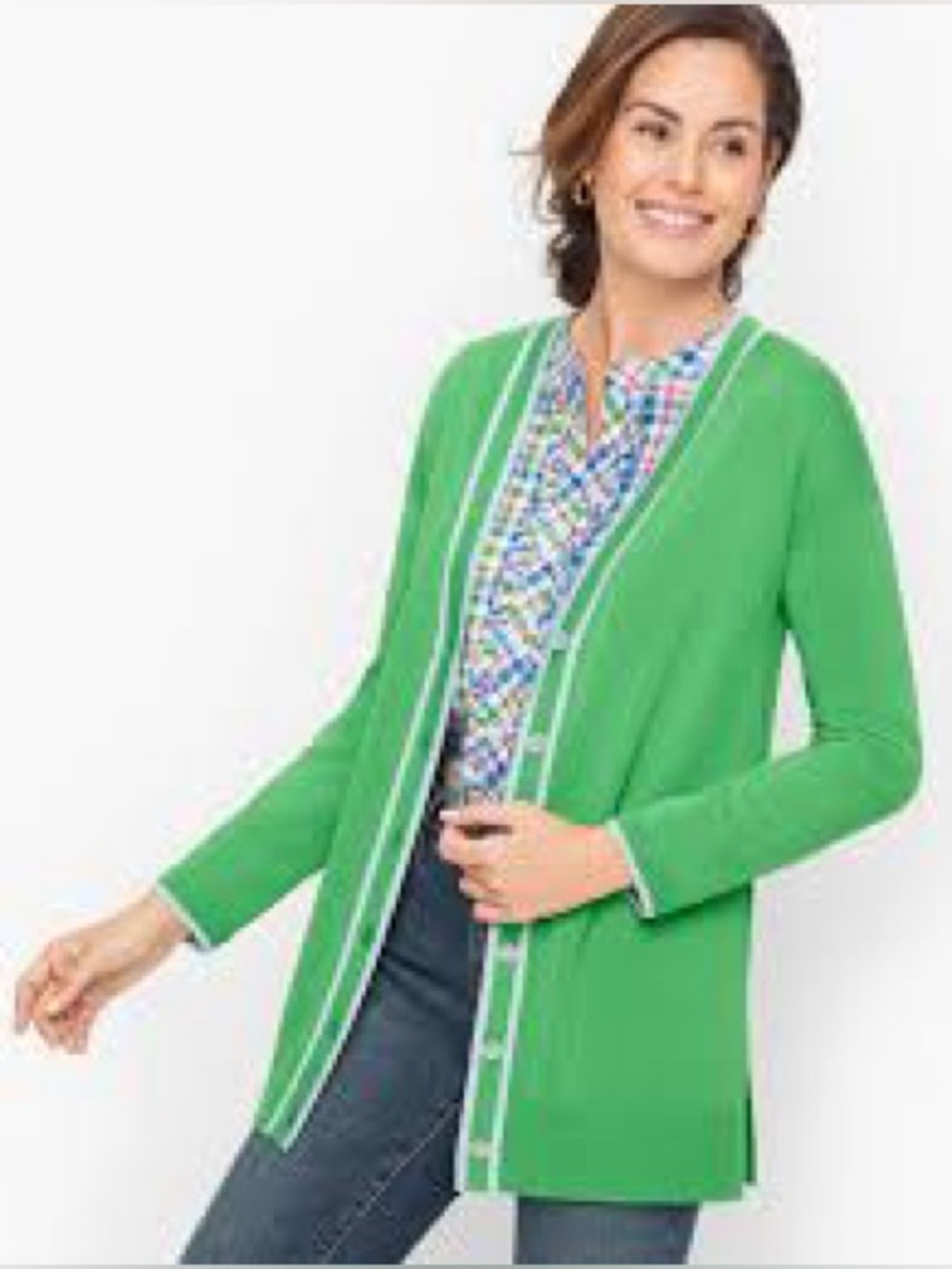 Talbots Girlfriend Cardigan Rayon Jacket Blue Trim